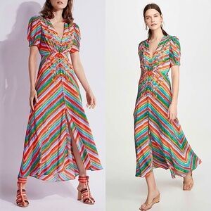 SALONI Silk Rainbow Floral Stripe Puffed Short Sleeve Button Front Midi Dress 4